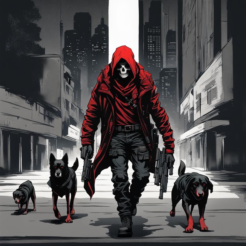 Red Hooded Skull Figure with Bone Dog