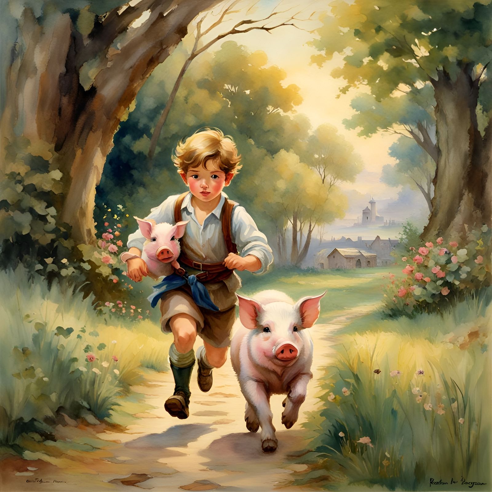 Boy Running with Piglet in Watercolor Style