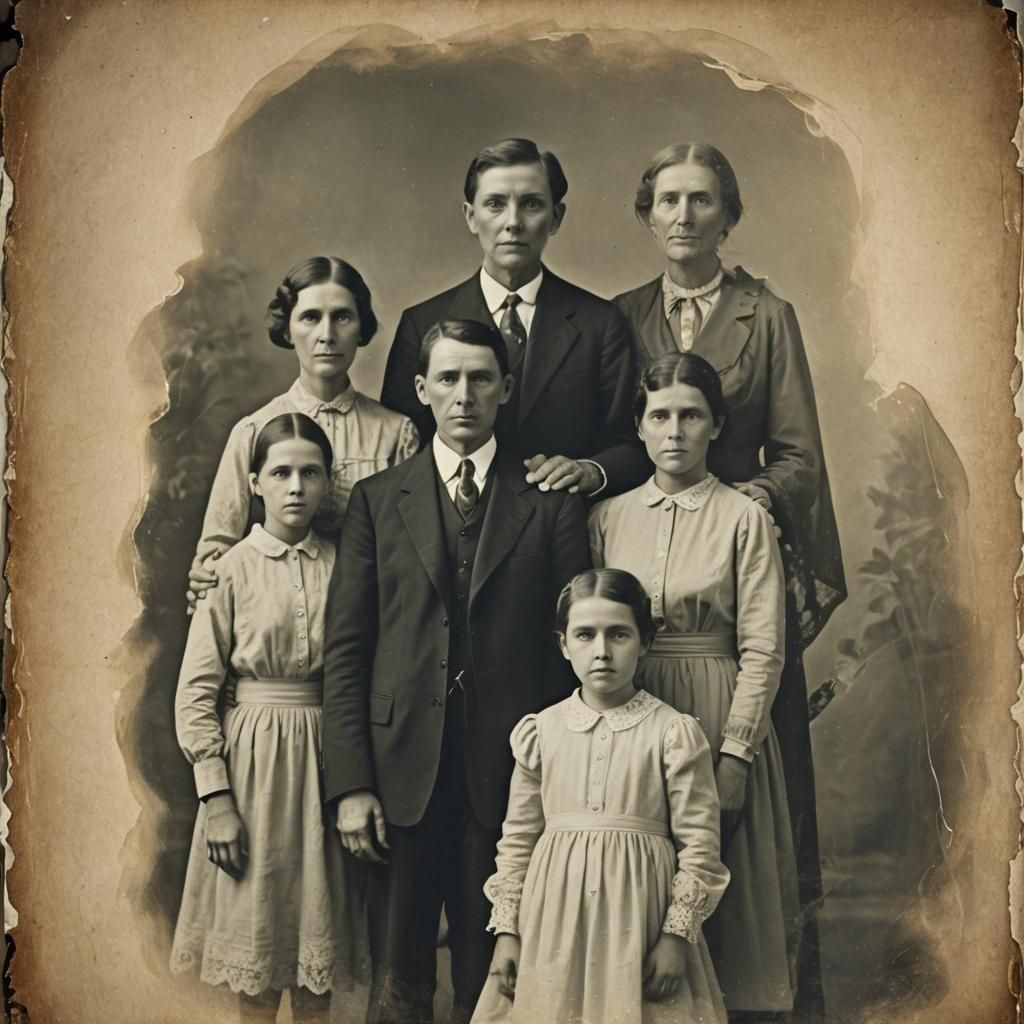 Ethereal Woman Overlays Vintage Family Portrait