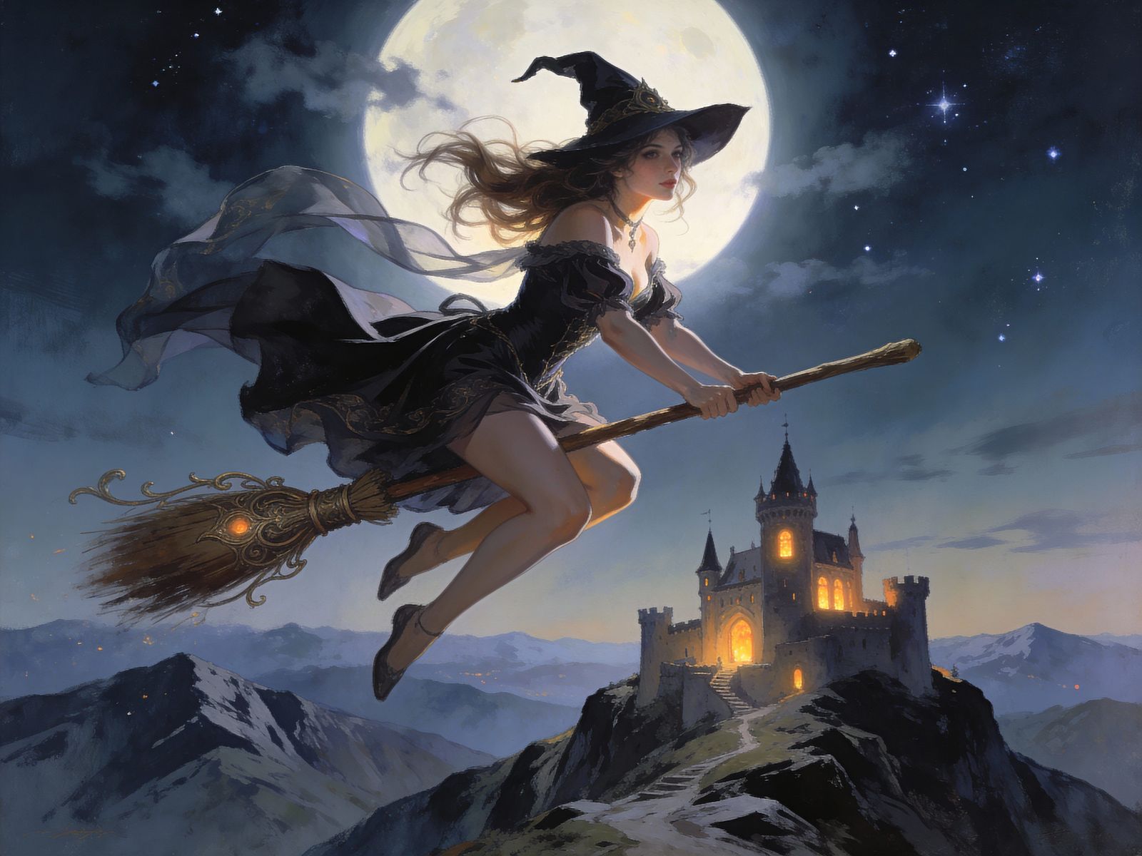 Witch Flying Broom Over Castle in Moonlit Illustration