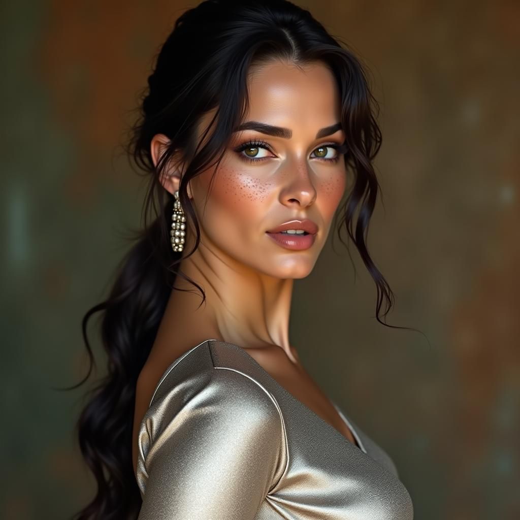 Freckled Woman in Silver Dress, Art Nouveau Portrait