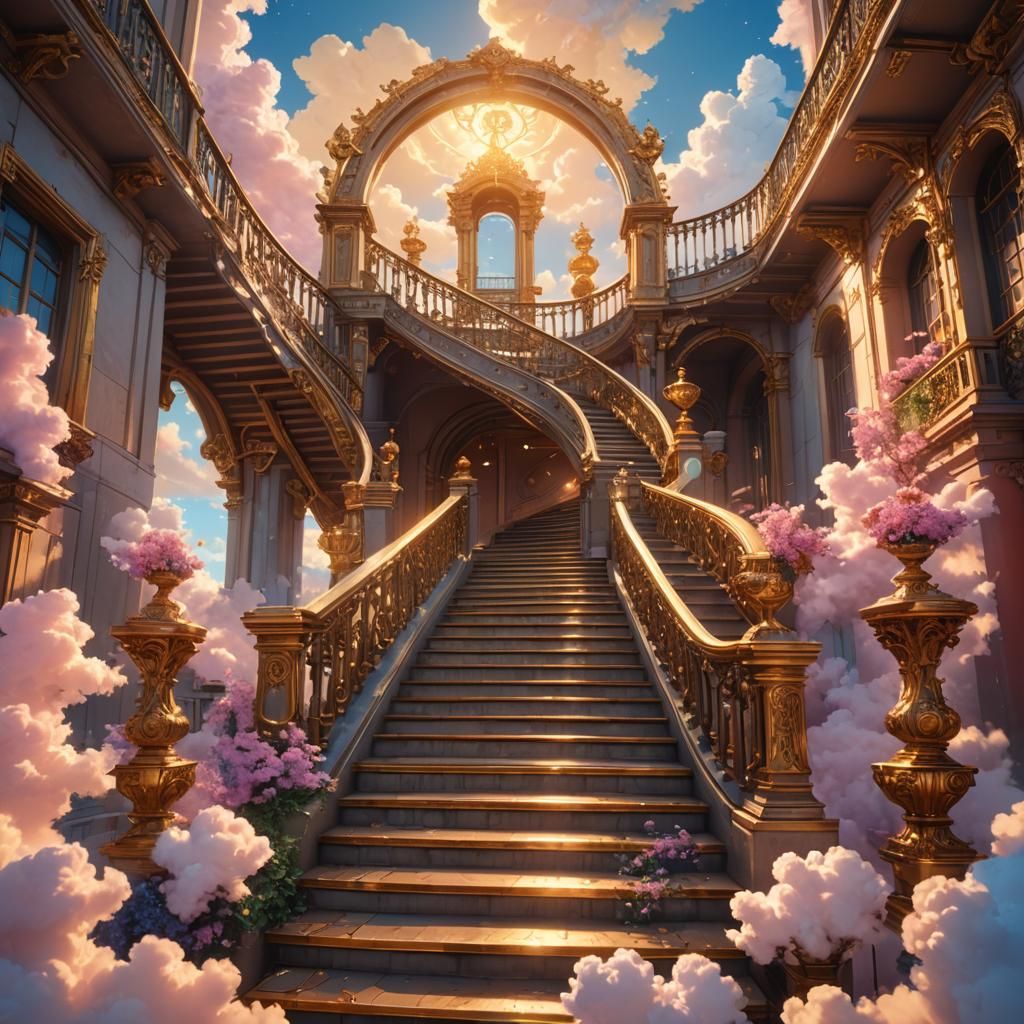 Ornate Staircase Ascending to Heaven: Anime Style