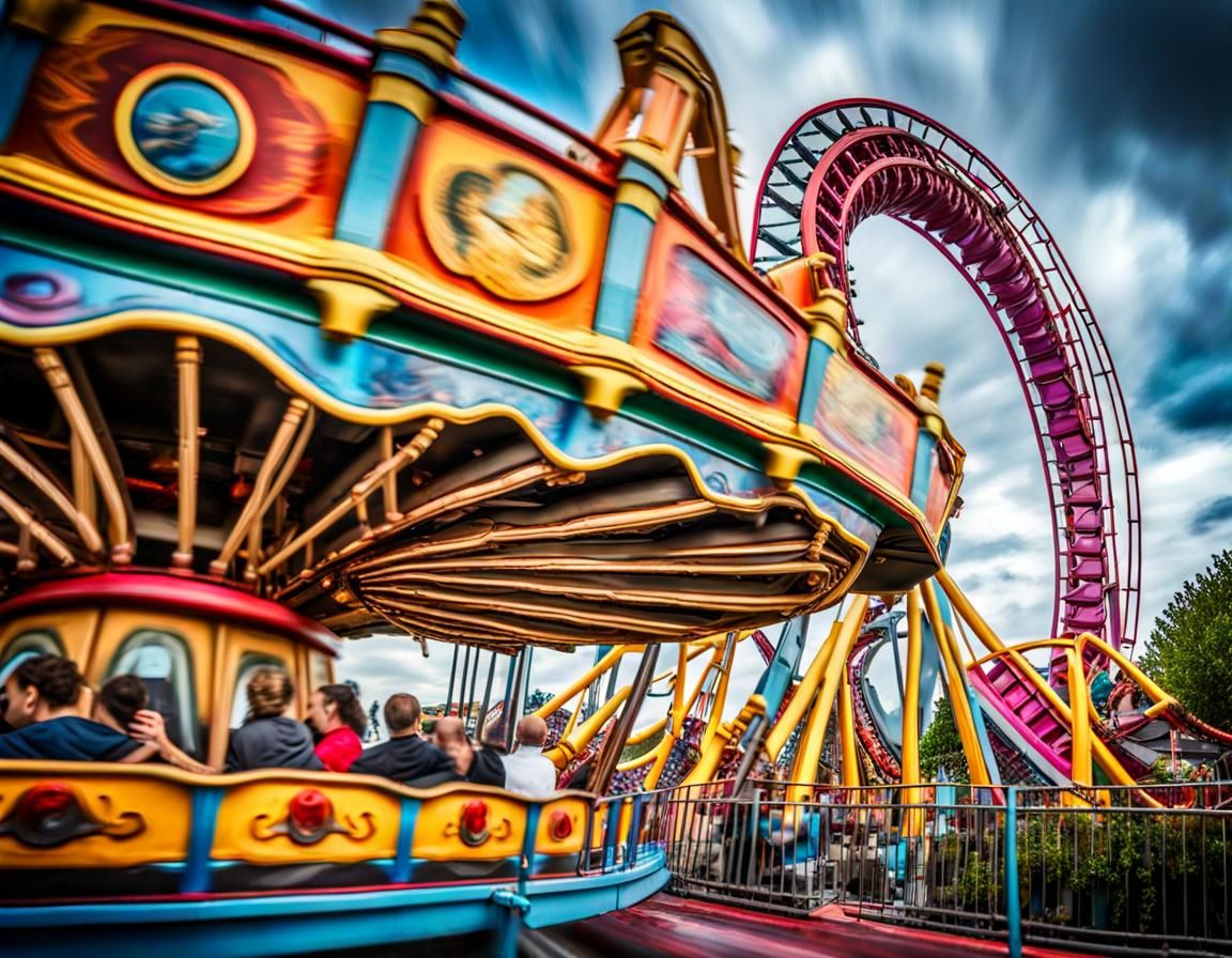 Brightly Colored Rollercoaster in Hyperrealistic Theme Park