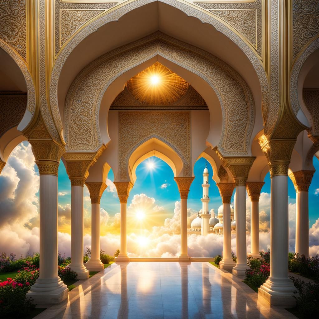 Angelic Mosque in Paradise with Children and Flowers