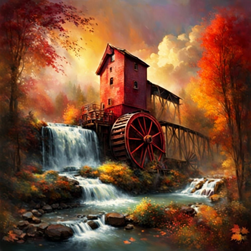 Autumn Masterpiece with Vintage Flour Mill and Waterfall