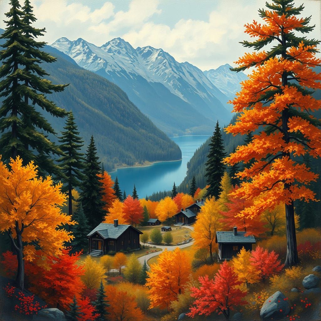 Autumnal Mountain Village in Expressive Gouache Style