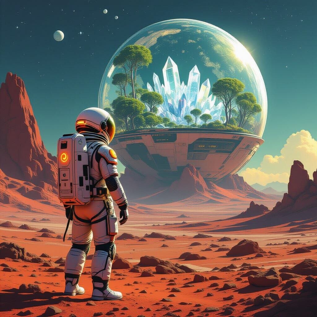 Astronaut and Floating Terrarium on Alien Planet