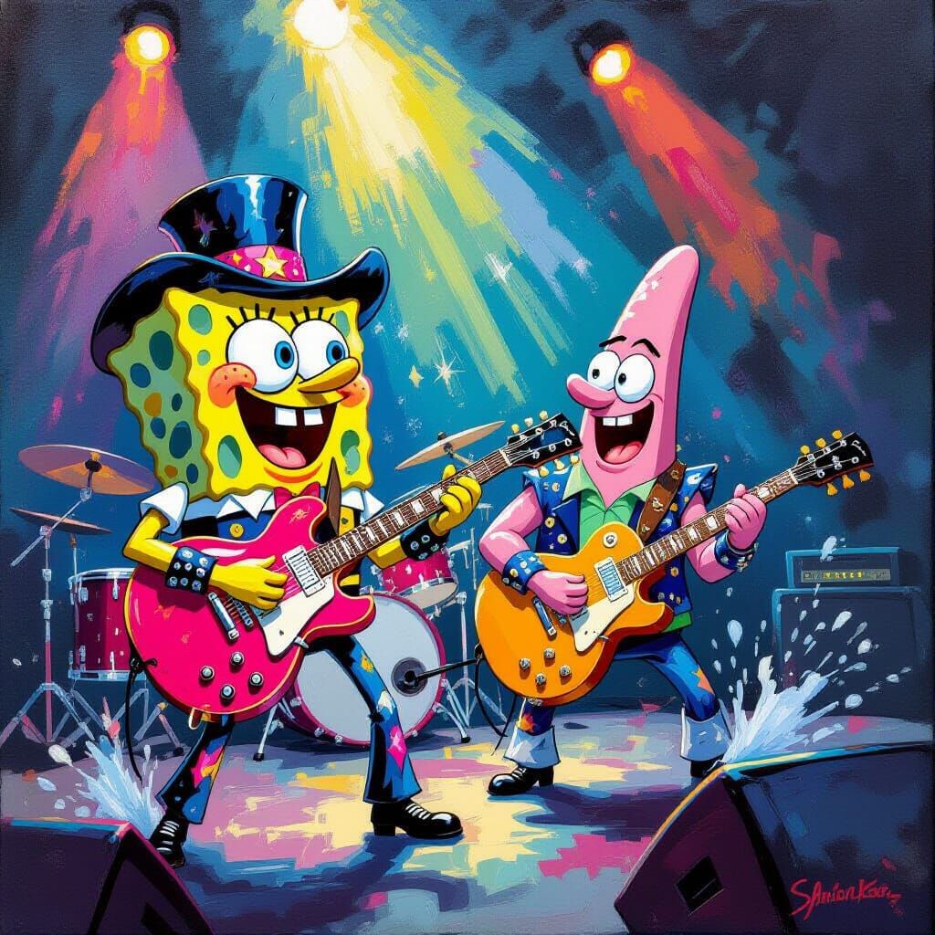 SpongeBob and Patrick Rockstars in Oil Painting Style