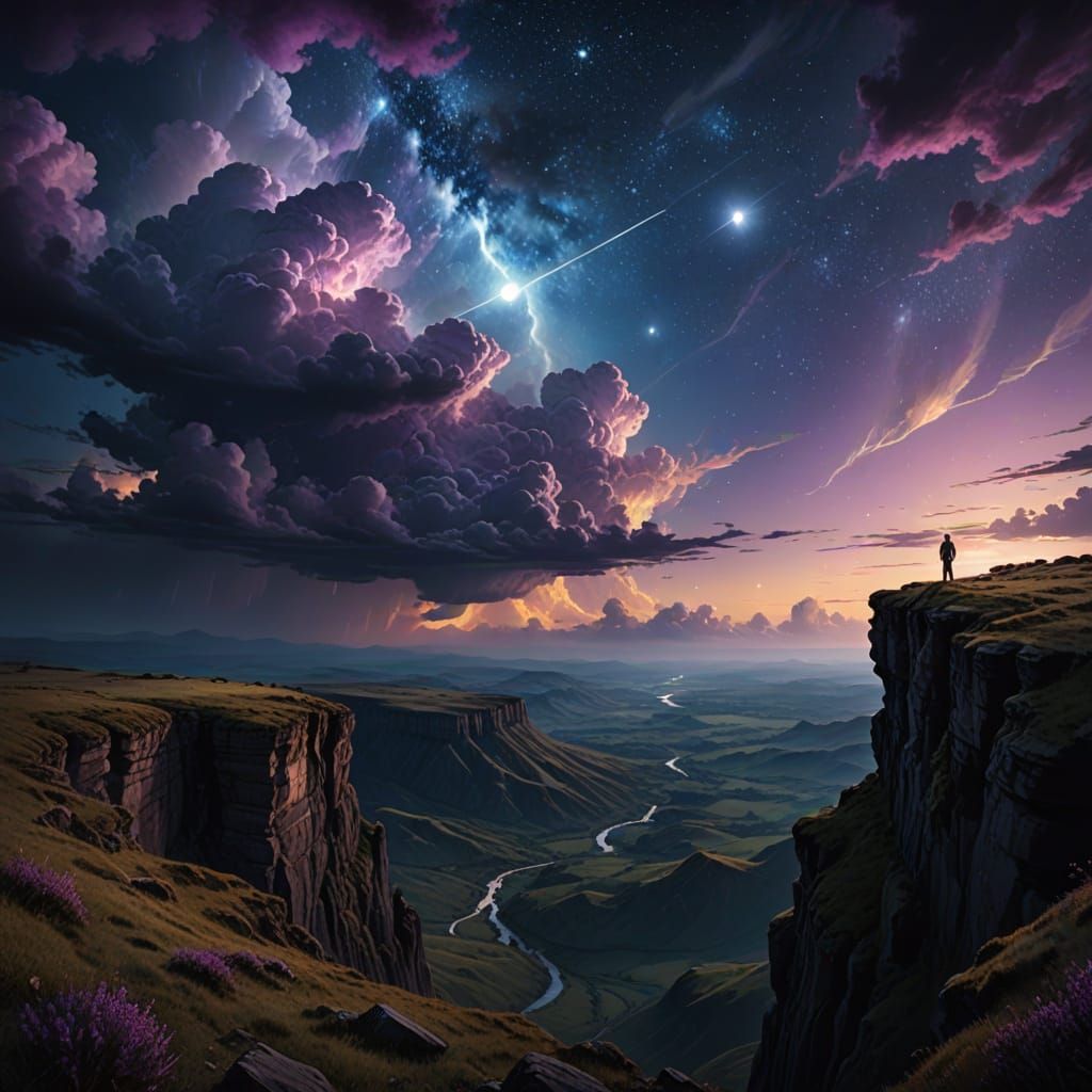 Figure Contemplates Celestial Wonders in Vibrant Oil Paintin...