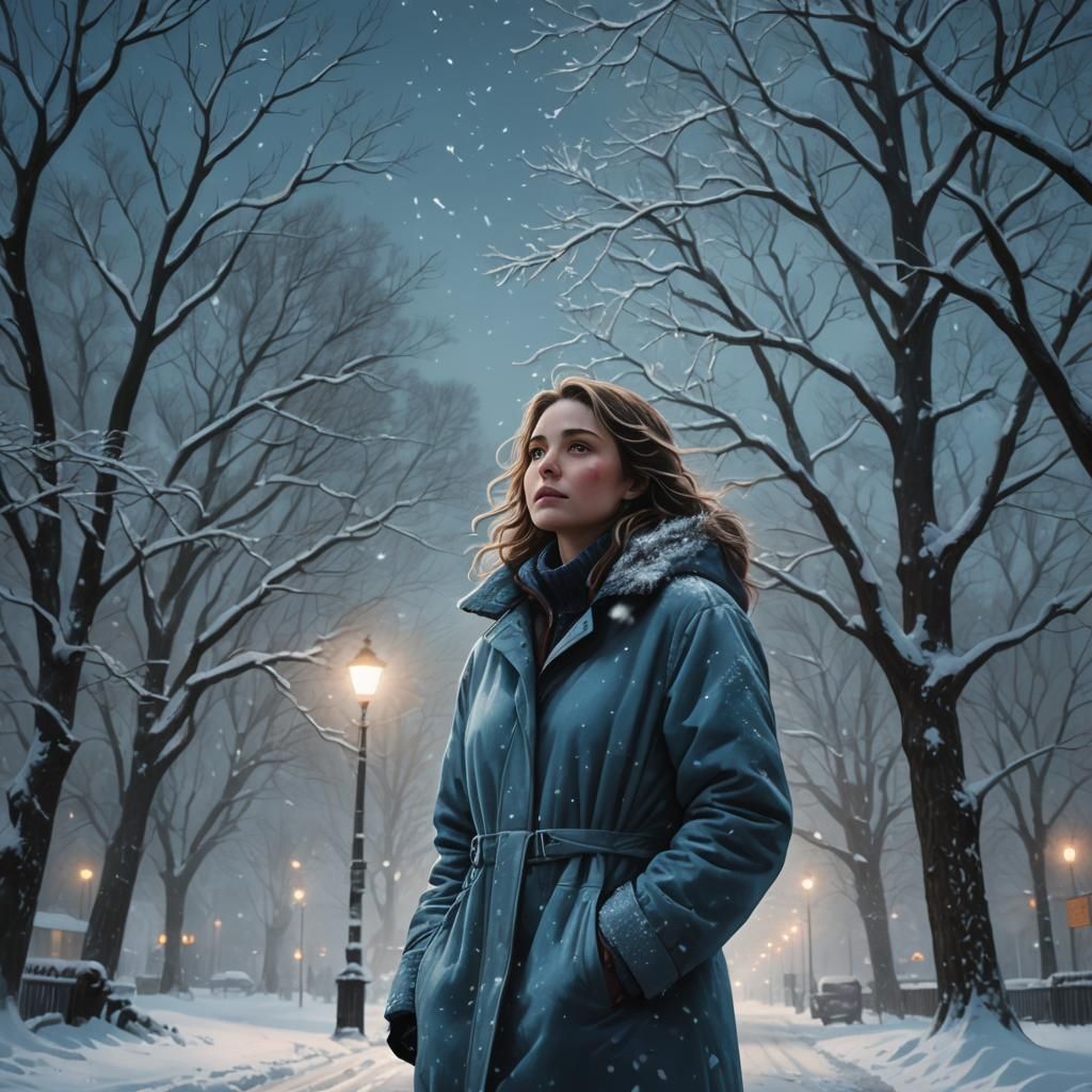 Woman in Snowy Winter Landscape: Digital Art