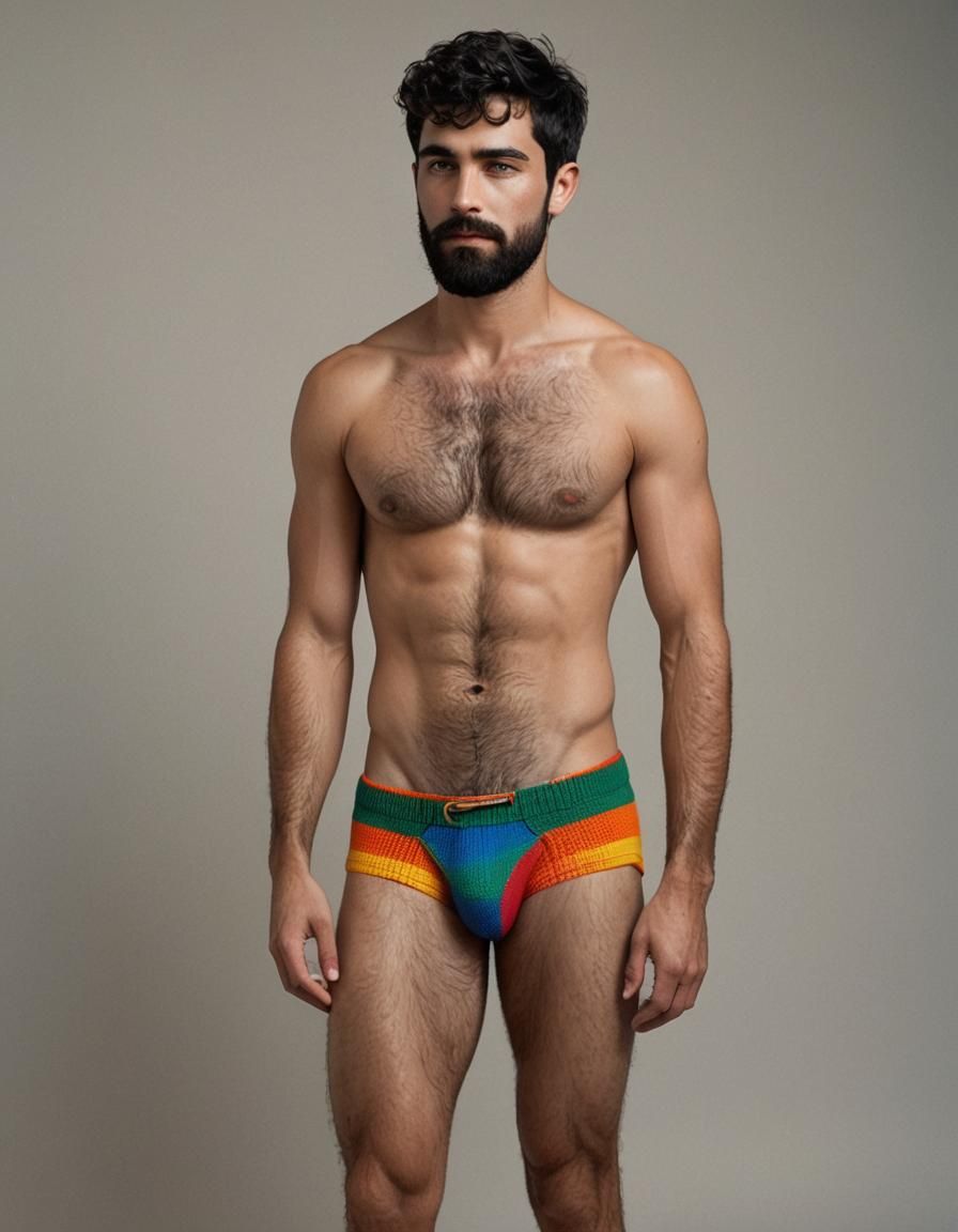 an evocative full-body portrait that portrays a stunning  shirtless young gay bearded guy, his form rendered with sensit...