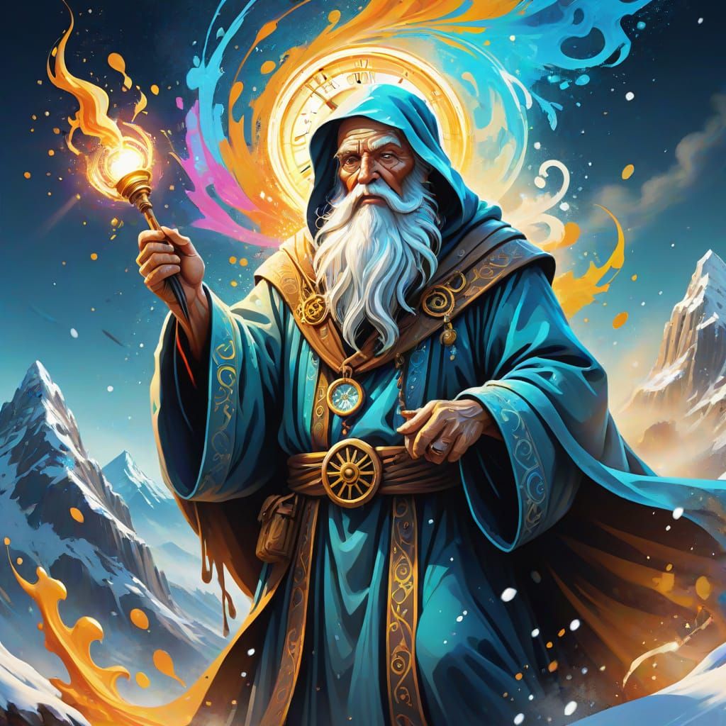 Fantasy Father Time Casting Spell in Vibrant Sunrise