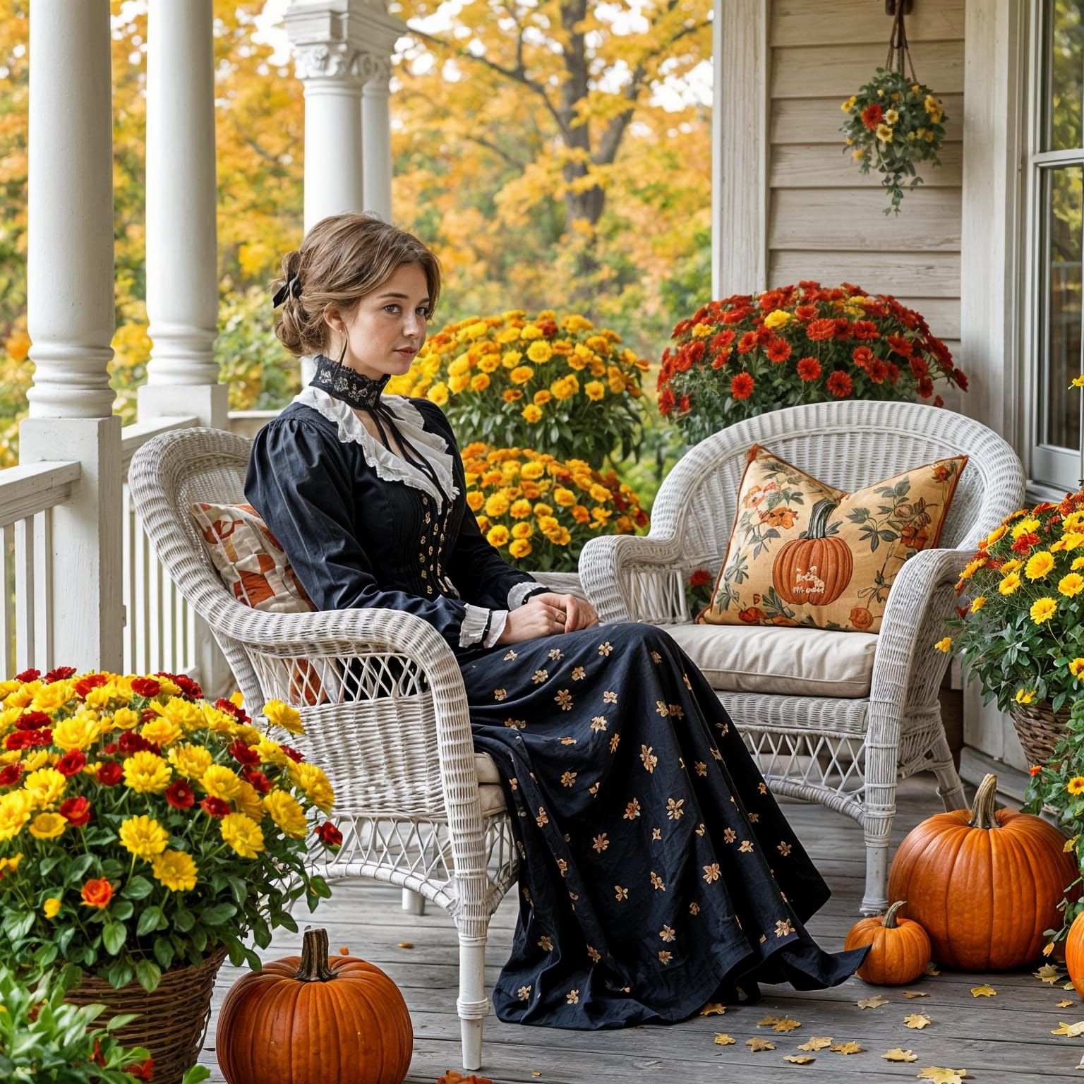 Victorian Fall Porch with Wicker and Pumpkins