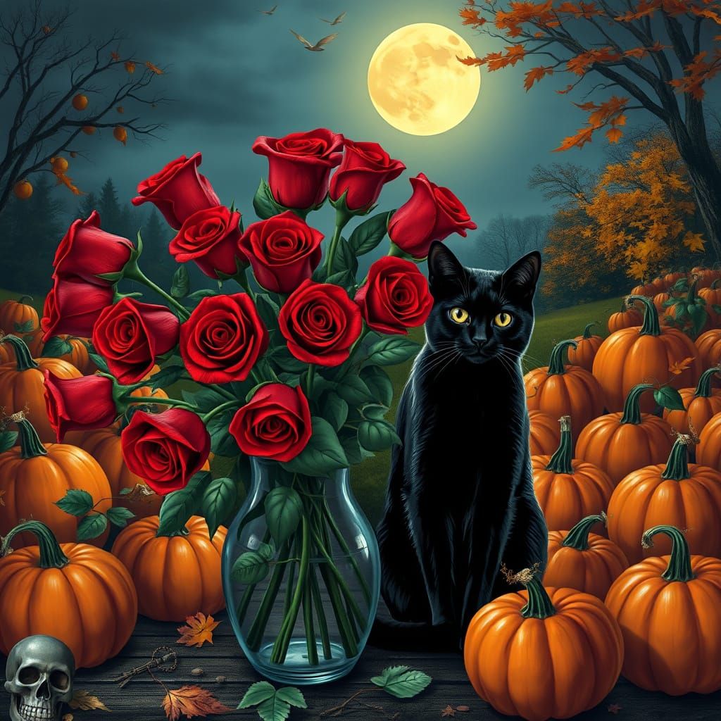 Black Cat, Roses, and Pumpkins on Autumn Moonlit Night