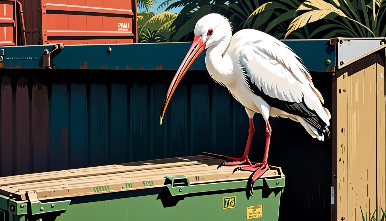 white ibis perched on the edge of a dumpster. woodcut, linoc...