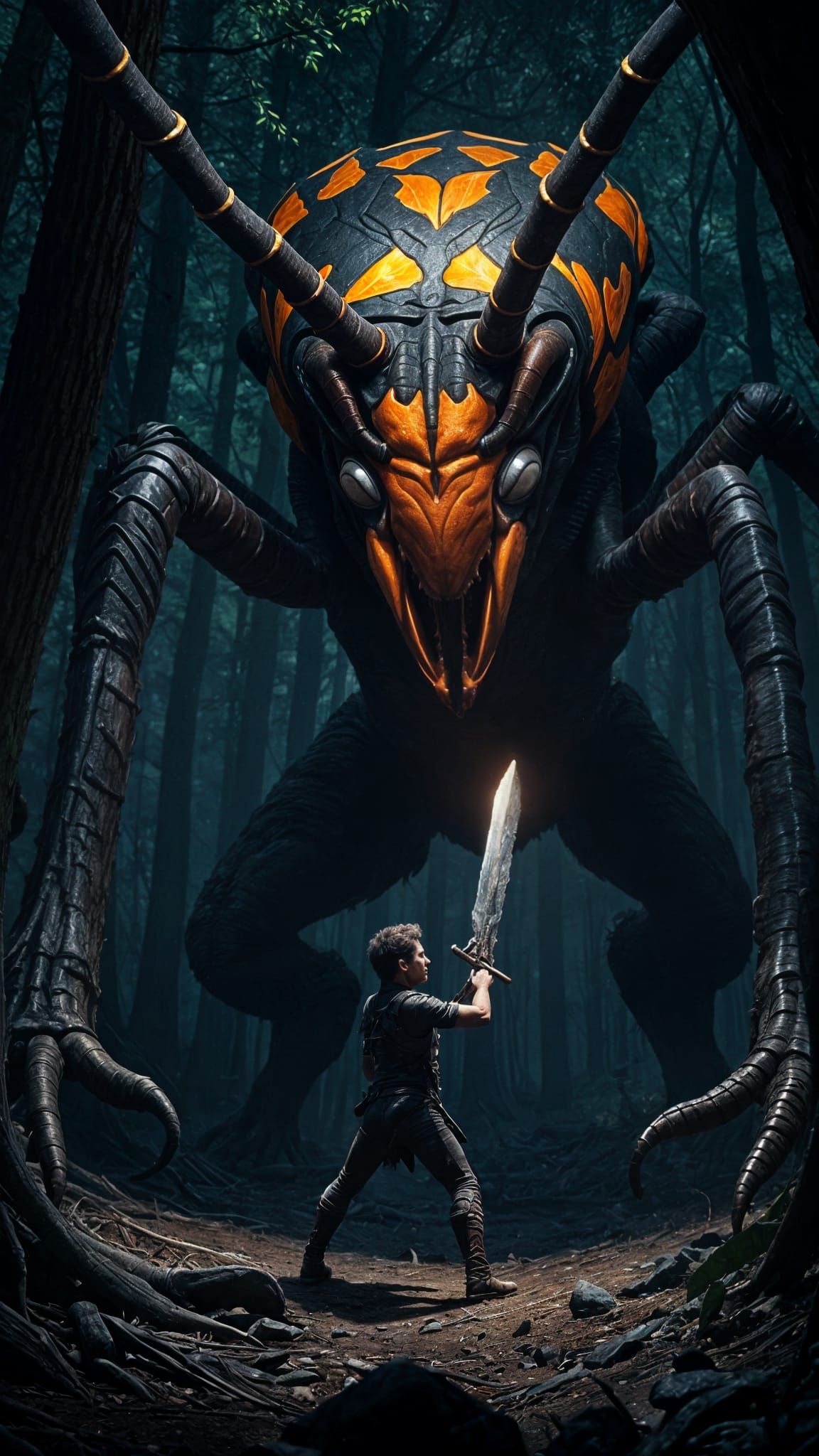 Giant Insect Devours Tiny Human in Dark Fantasy Landscape