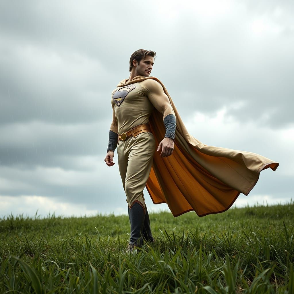 Hercules Superman in Beige Costume with Long Cape on Grassy ...