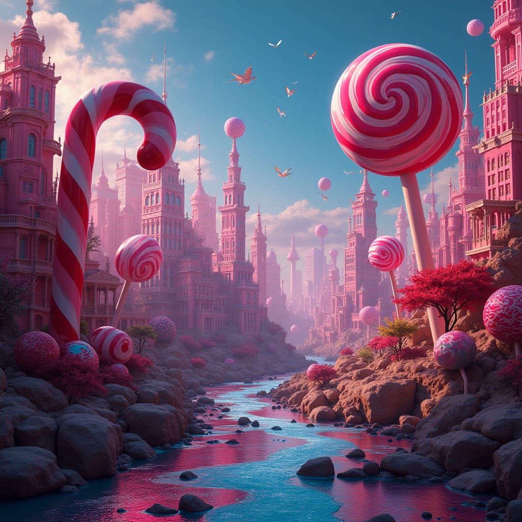 Neon Candy Cityscape with Chocolate River