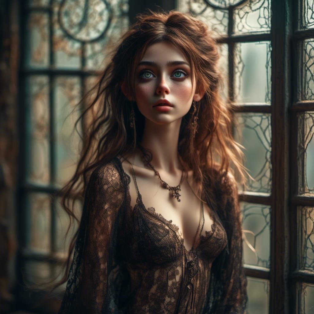 Enticing Woman Poses in Diaphanous Lace, Digital Painting