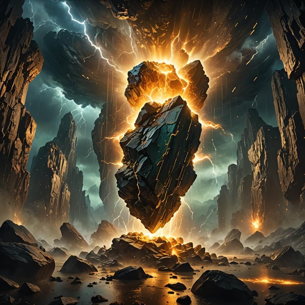 Golden Kryptonite Rock in Stormy Nebula