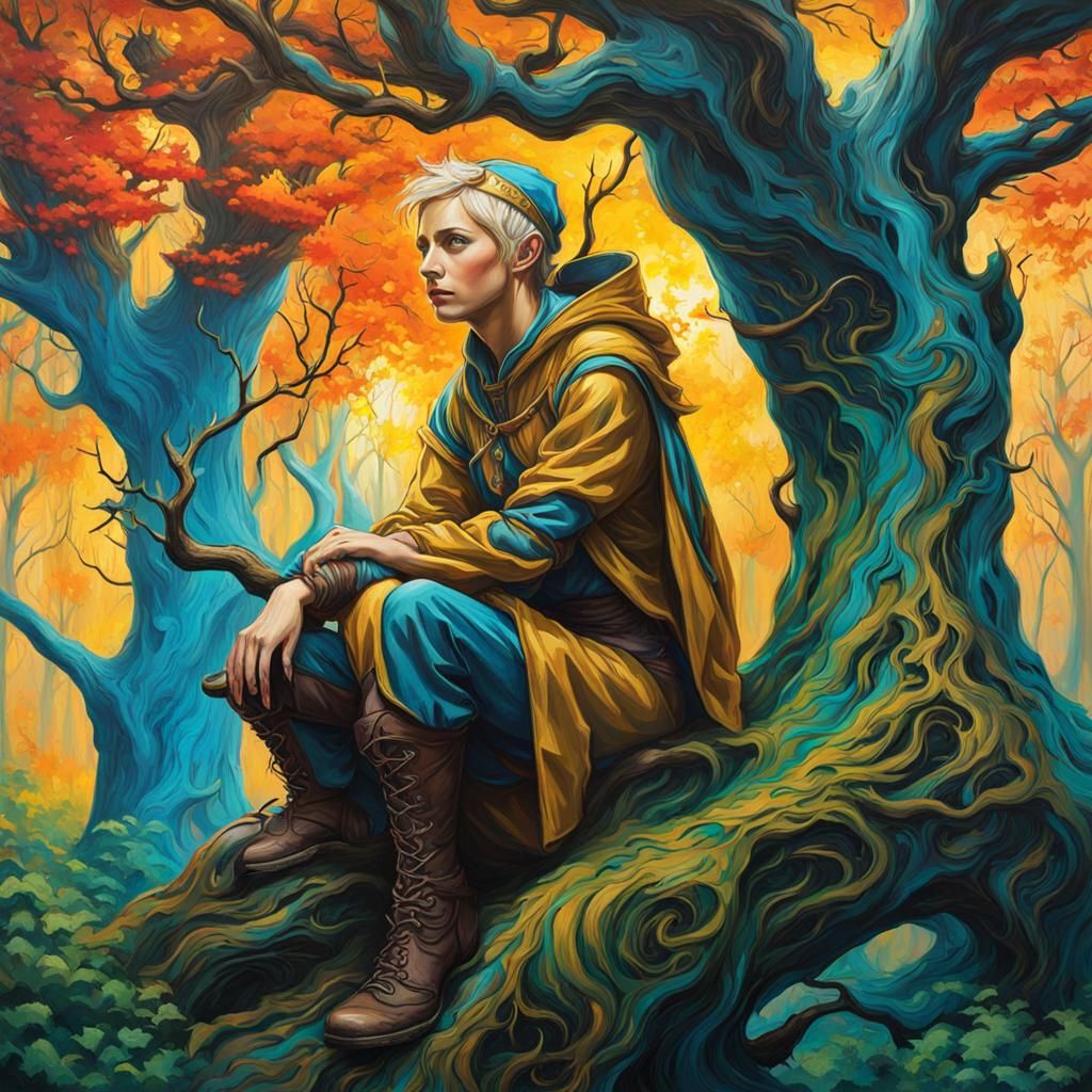Enchanted Elf in Forest, Van Gogh Graffiti Style