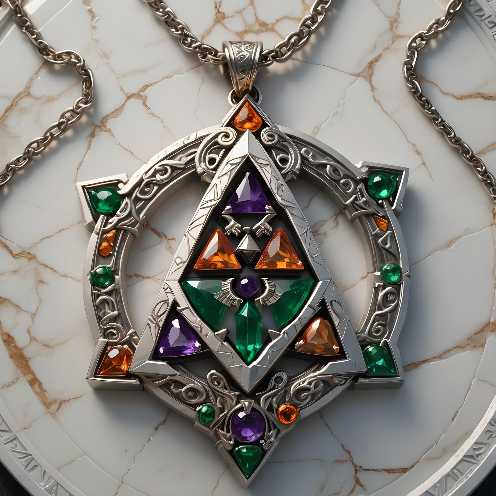 Triforce Gemstone Pendant on Marble Table