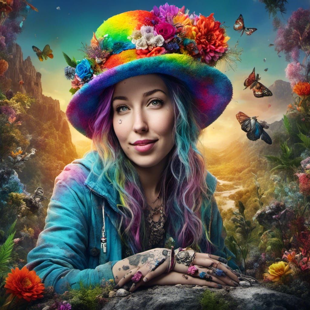 Hyperrealistic Person in Panda Hat on Rock