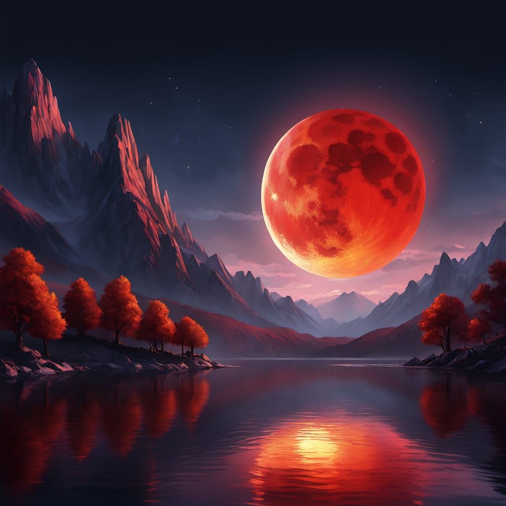 Vibrant Red Moon Over Lake in Oil Painting Style