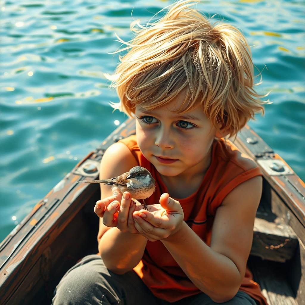 Boy Holds Bird in Hand, Hyperrealistic Digital Art