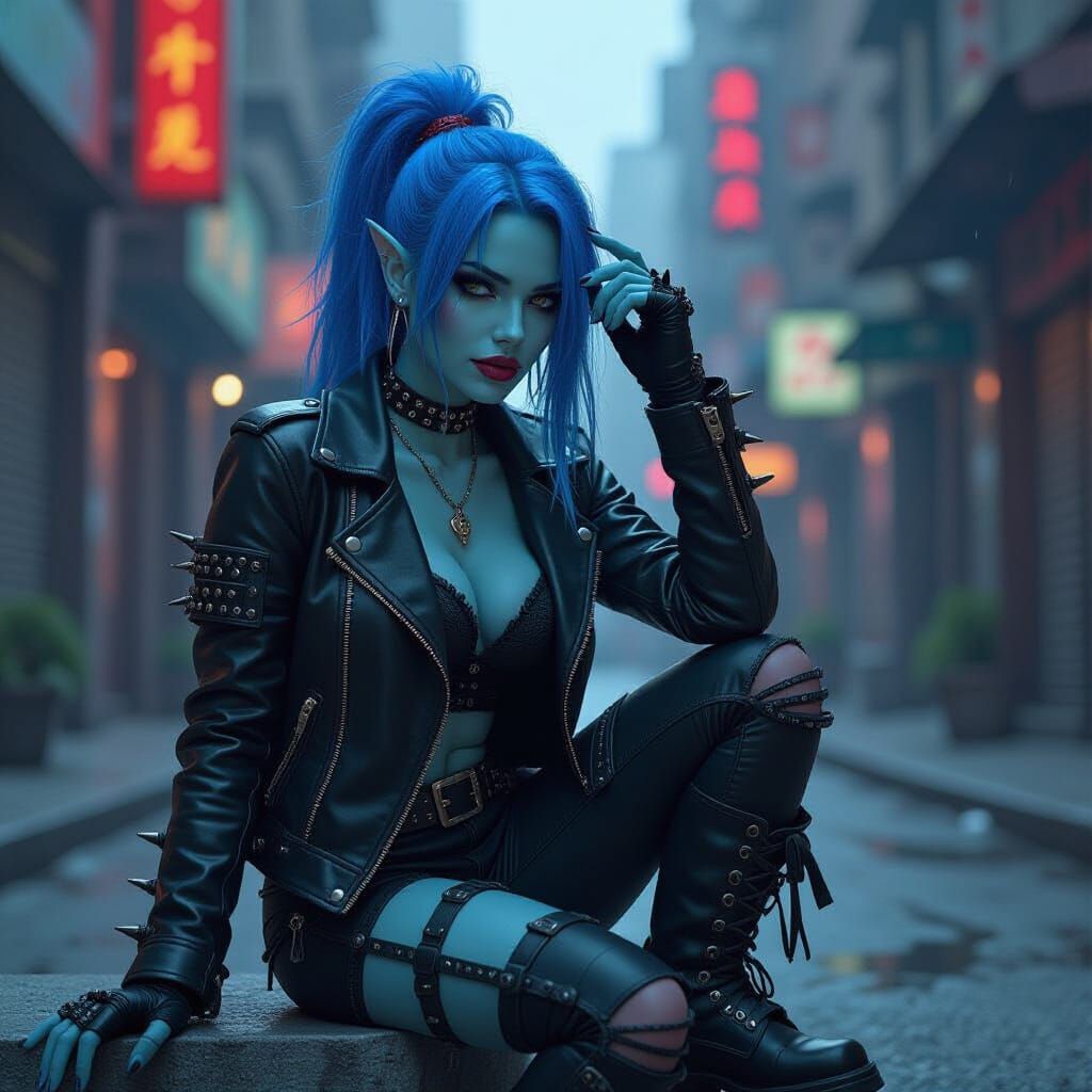 Tiefling Punk Woman in Urban Dark Fantasy Style