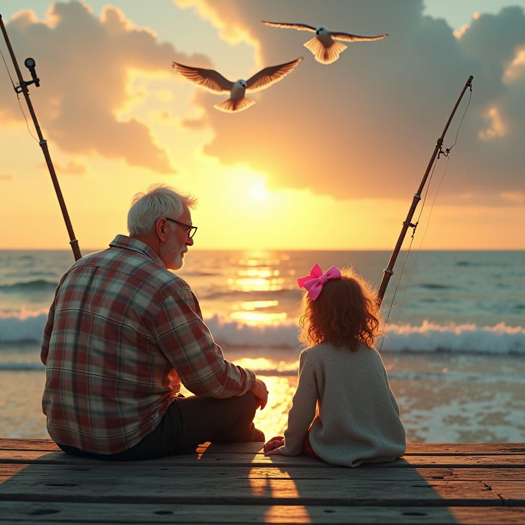 Grandfather and Granddaughter Fishing at Sunset, Ethereal Ma...