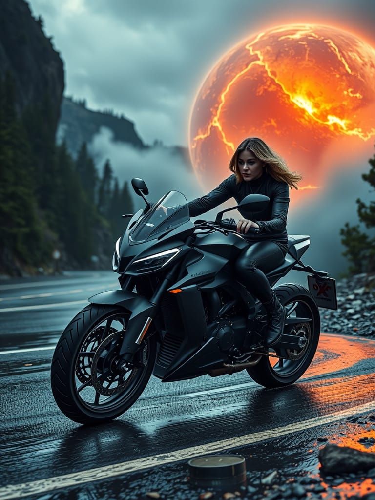 Woman on Motorcycle with Apocalyptic Earth Background