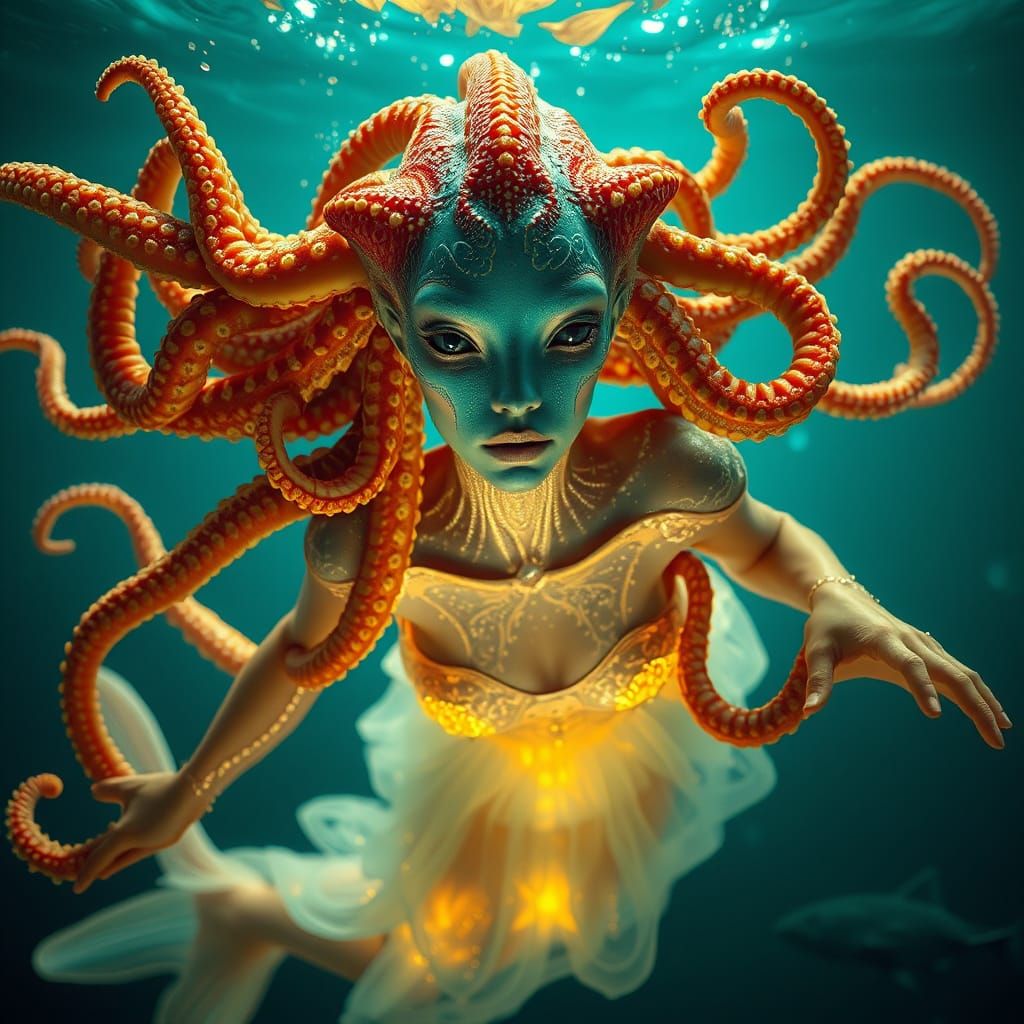 Alien Woman Portrait with Starfish and Shark Features