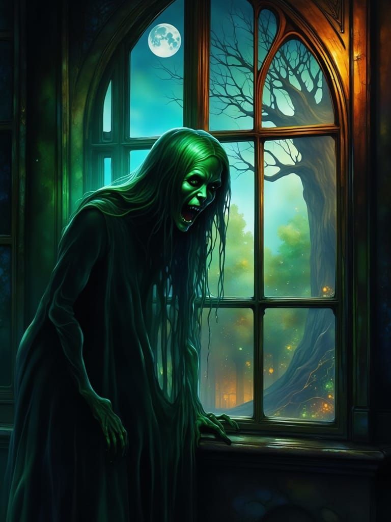 Ethereal Green Ghost Peers Through Foggy Victorian Window