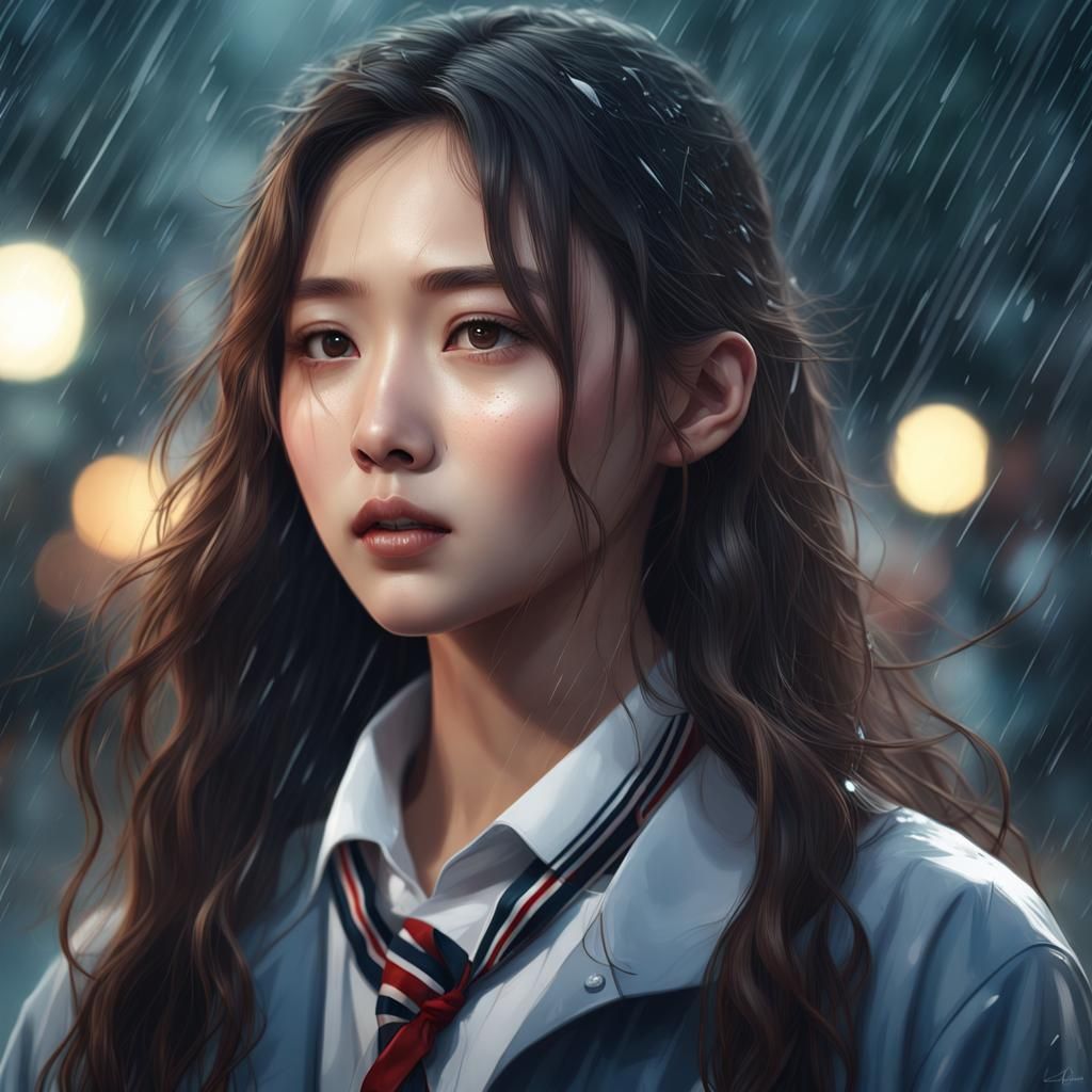 Korean Girl Portrait in Rain: Detailed Matte Painting