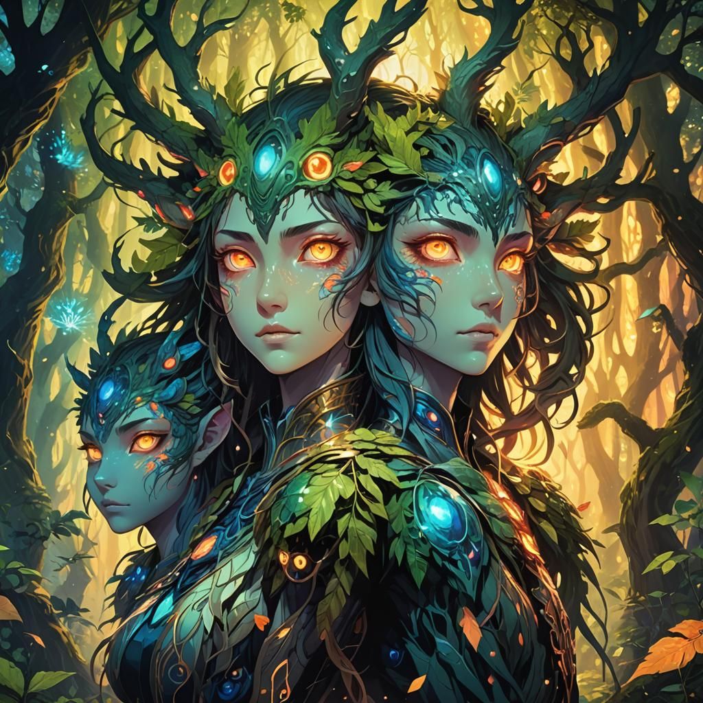 Four-Headed Creature in Mystical Anime Forest