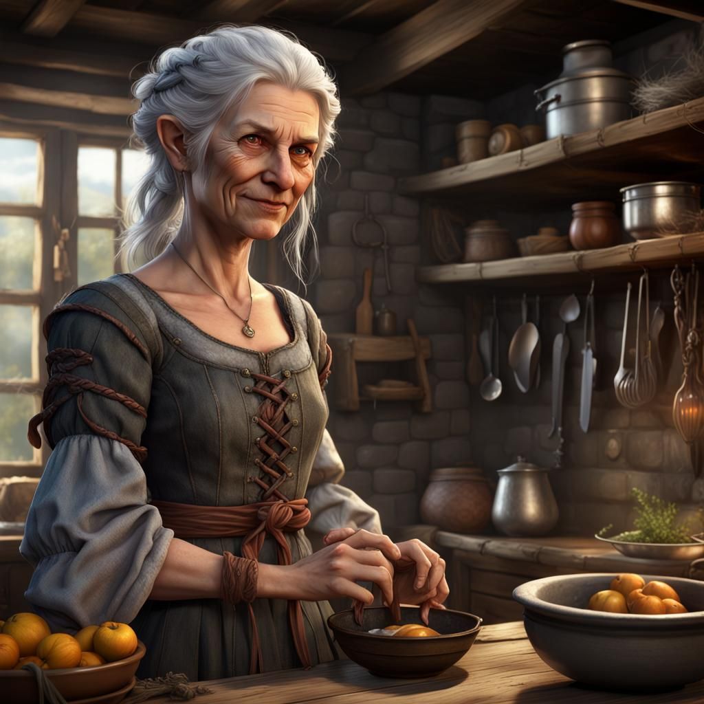 Fantasy Halfling Woman in Kitchen, Detailed Matte Painting