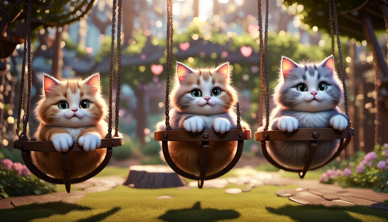 round fluffy cats sitting in swings, heart garden 3D Game Cinematic Feel, Epic 3D Videogame Graphics, Intricately Detail...