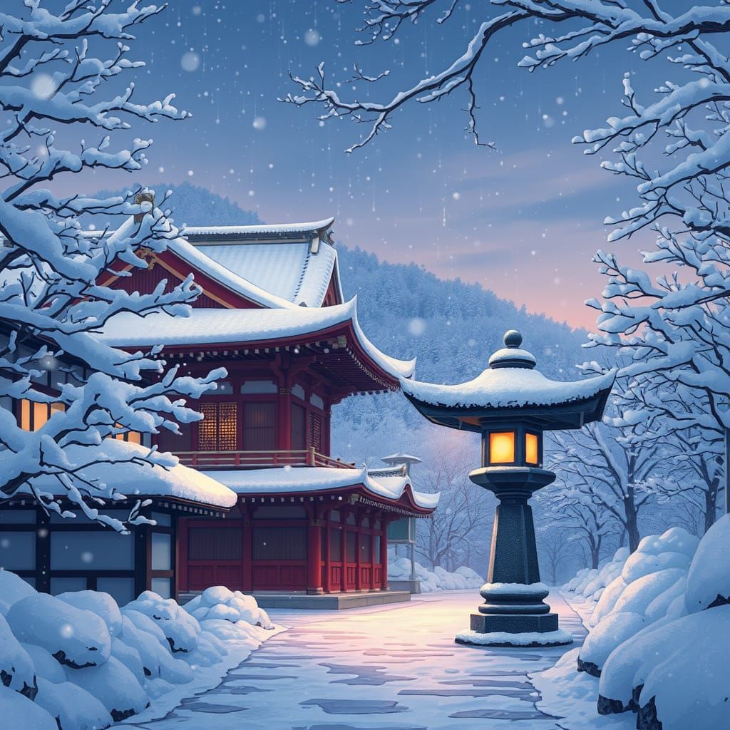 Snowy Kyoto Temple in Anime Style