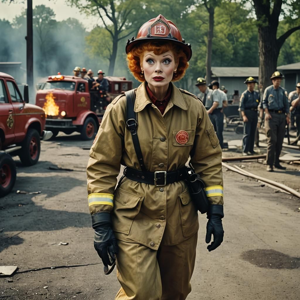 Lucille Ball as Firefighter in Cinematic Film Still