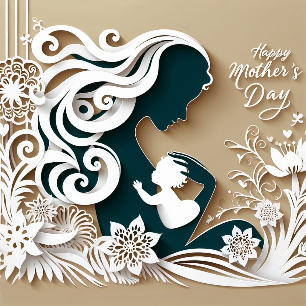 Mother and Baby Silhouette in Elegant Paper Cut Art