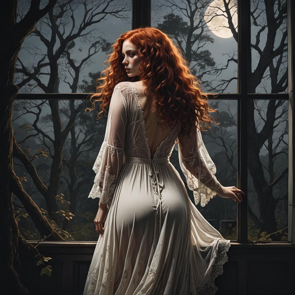 Woman with Red Hair Staring Out Window