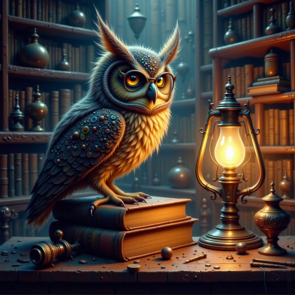 Wise Owl in Antique Library, Illustrative Style