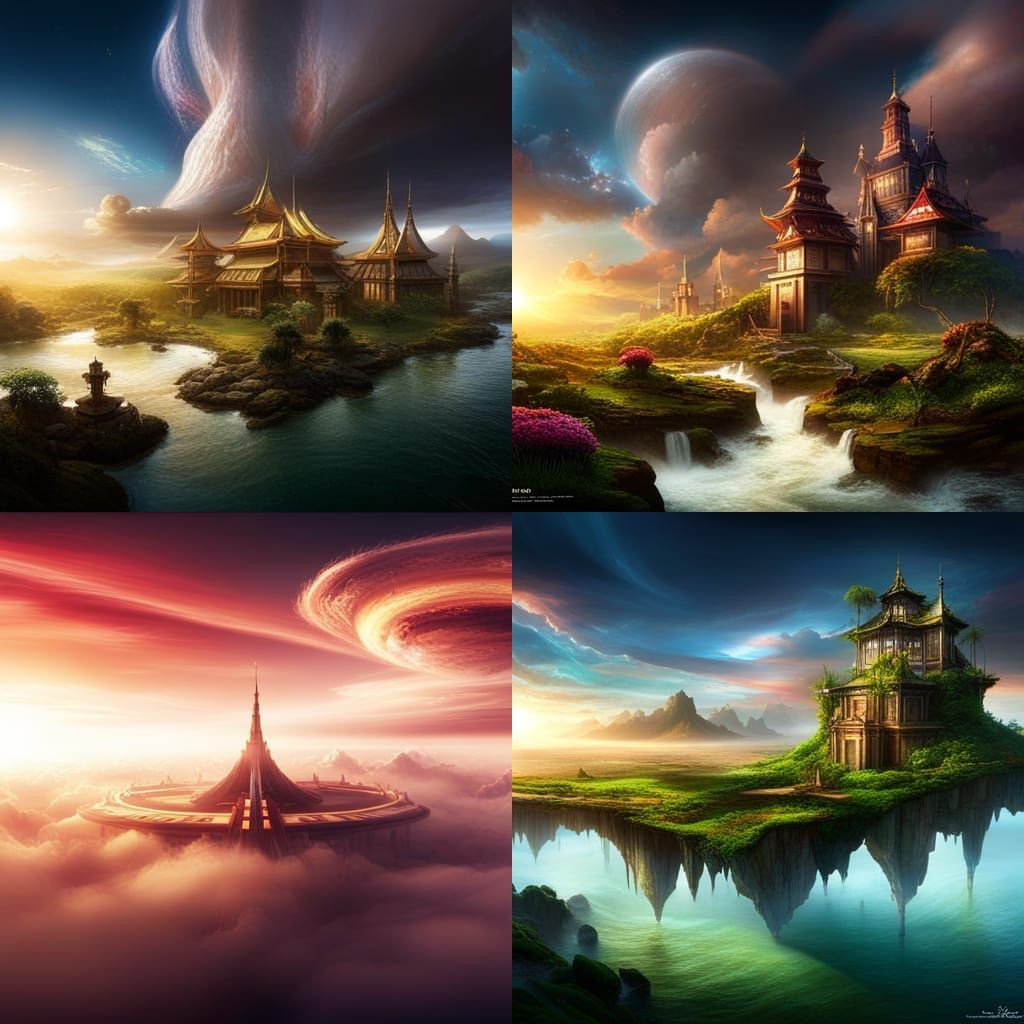 Rainbow Flower Above Clouds, Detailed Fantasy Art