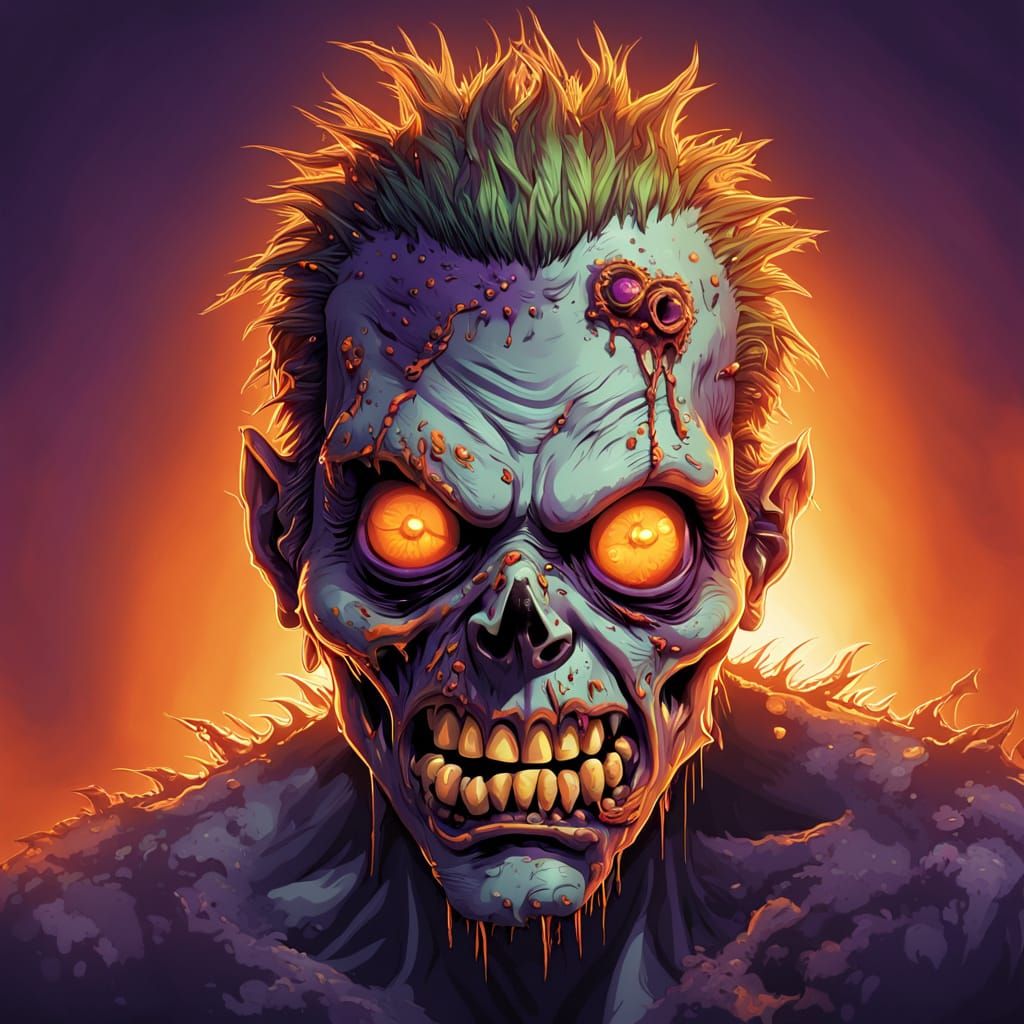 Menacing Cartoon Zombie Head in Horror Comic Book Style