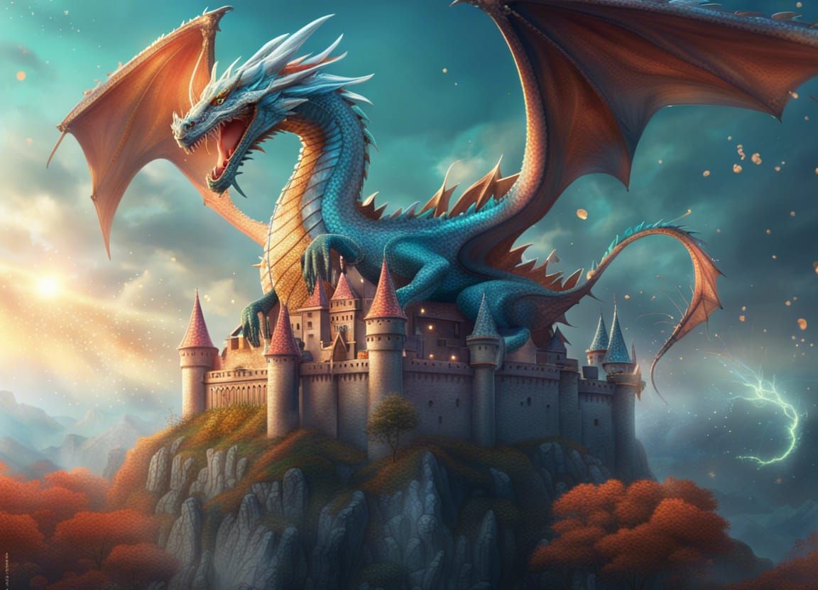 Magical Dragon Flying By Sparkling Castle