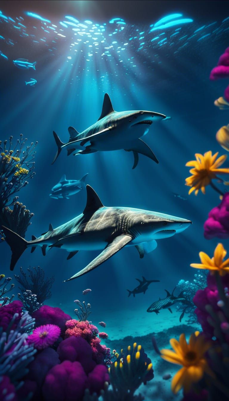 Diver and Sharks in Colorful Ocean: Photorealistic Art