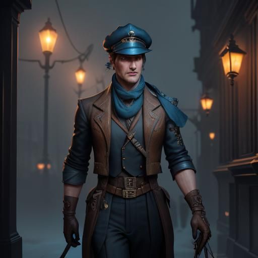 Man with Runed Crossbow in Foggy London Night