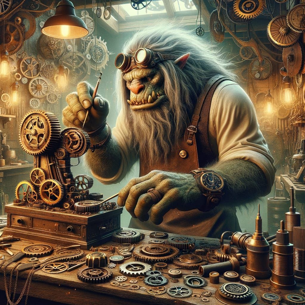 Steampunk Troll Tinkerer in Brass and Clockwork