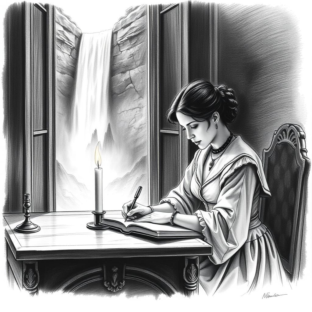 Elegant Writer in a Dramatic Black and White Landscape